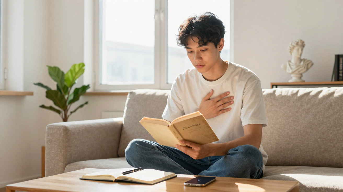 Young man sitting cross-legged on sofa, reading a book and holding his chest in a bright living room.