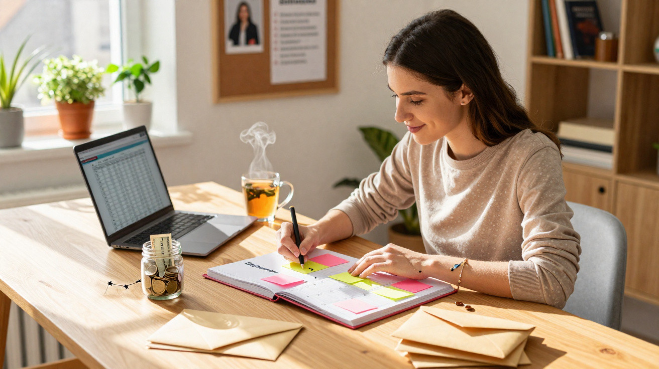Young woman writing in a planner at a desk with a laptop, jar of coins, envelopes, and a steaming cup of tea.