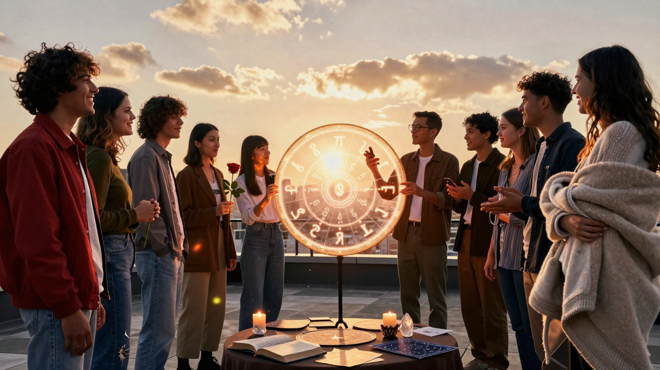Group of people gathered around a glowing zodiac wheel outdoors at sunset with candles and books on a table.