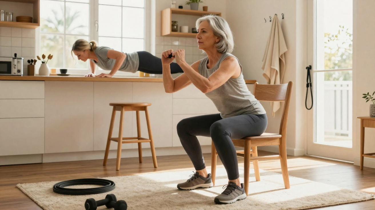 Two women exercising indoors, one doing chair squats and the other performing incline push-ups on a kitchen counter.