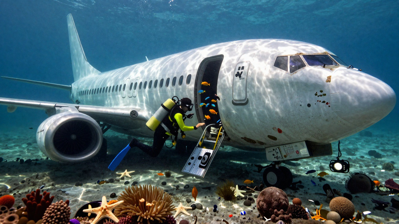 Scuba diver exploring a sunken airplane underwater surrounded by colourful coral and fish.