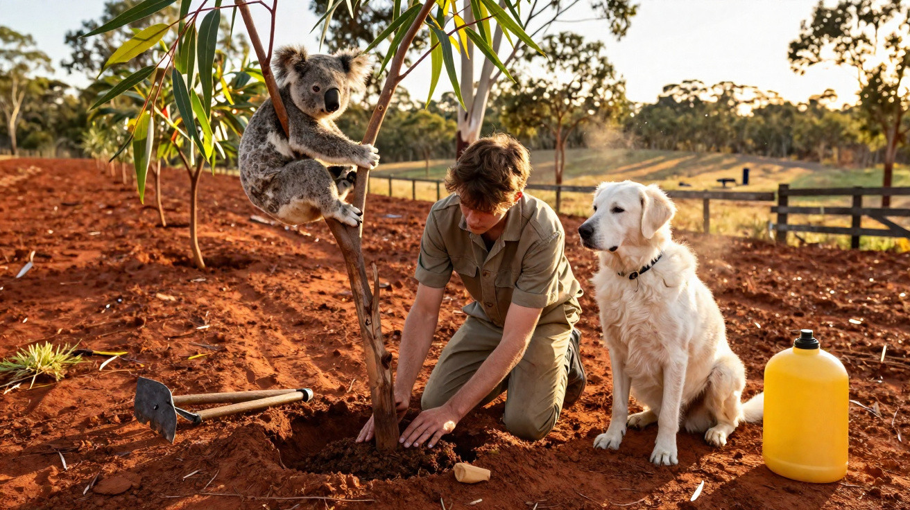 A man plants a tree in red soil with a koala climbing it and a white dog sitting nearby at sunset.