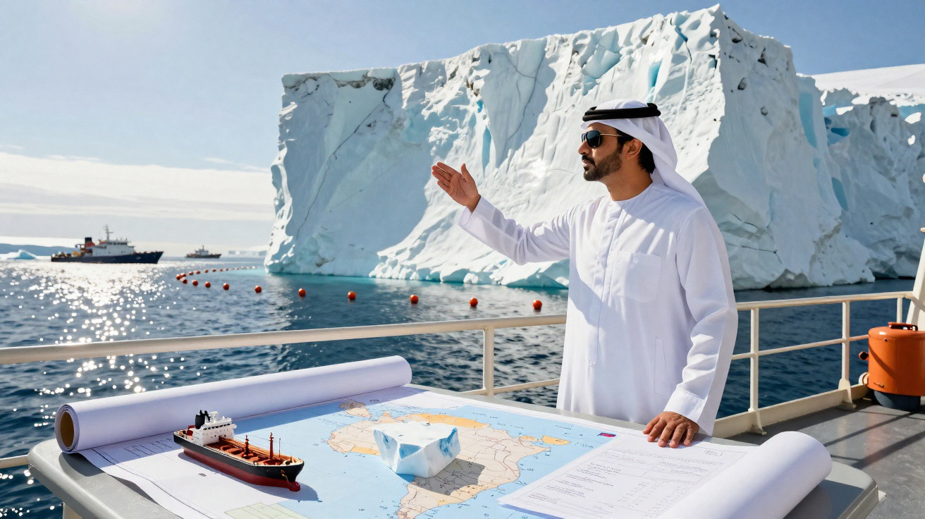 A man in traditional Middle Eastern attire gestures towards a large iceberg while standing by a map on a boat.