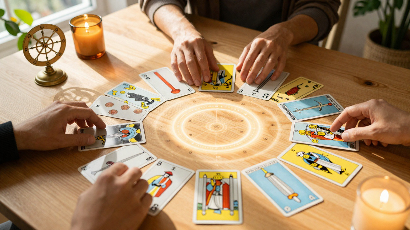Three people sitting at a wooden table reading tarot cards arranged in a circle with lit candles nearby.