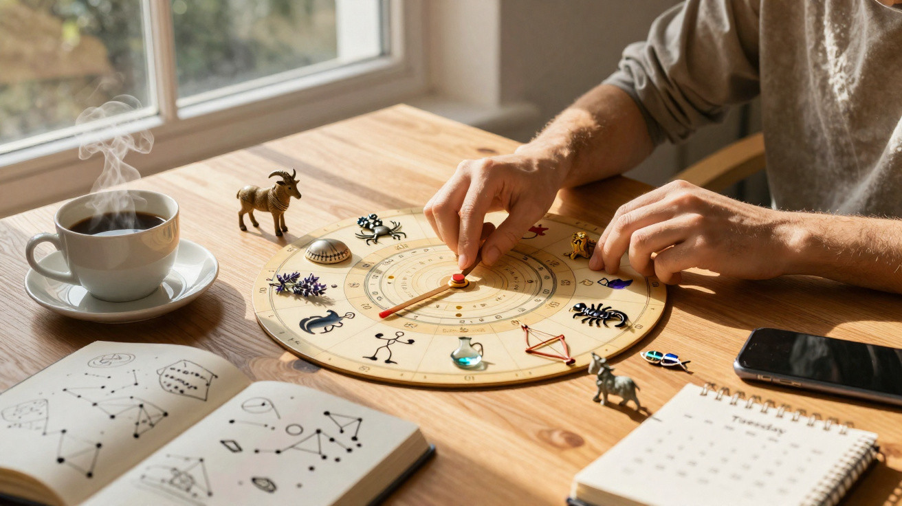 Person using an astrological chart with zodiac figures, coffee cup, notebook, and smartphone on a wooden table.