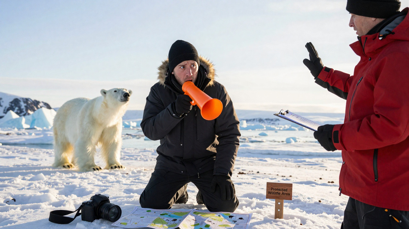 Man blows orange deterrent horn at polar bear on snowy Arctic ice while another man holds clipboard nearby
