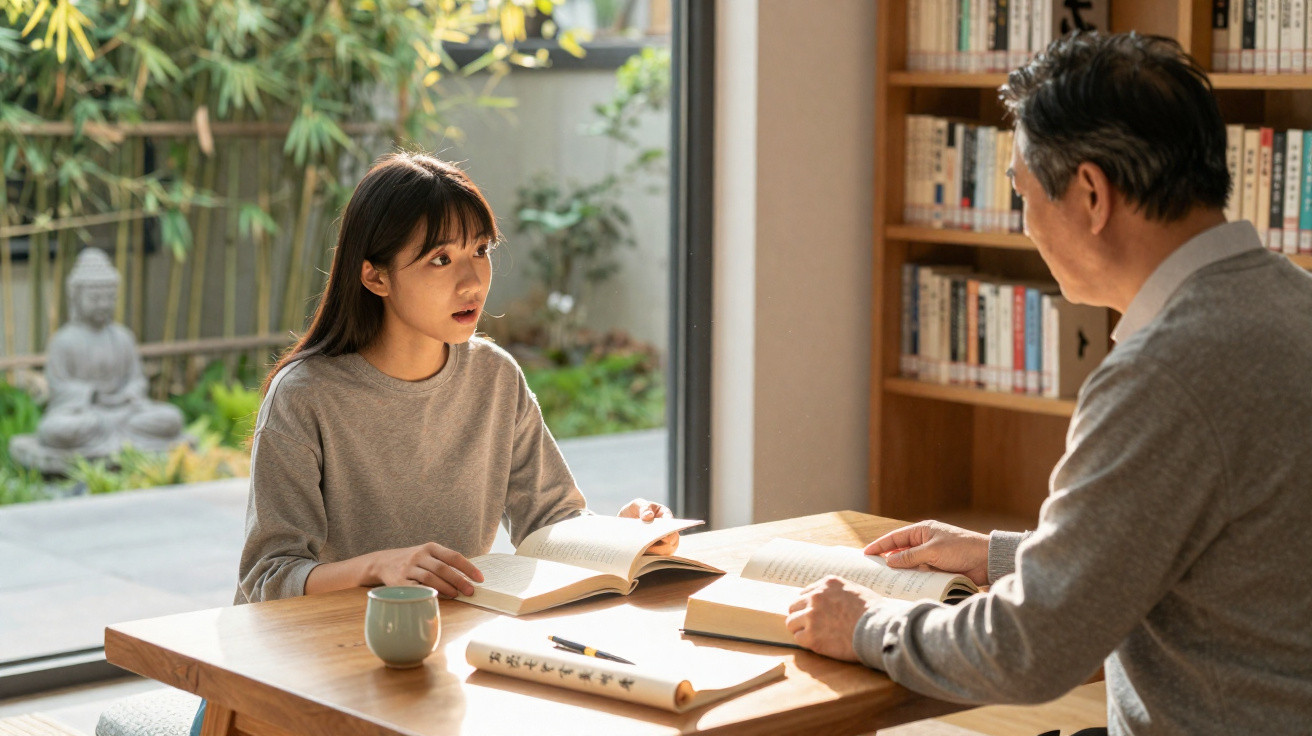 Young woman and older man reading books together at table in a sunlit room with a garden view.