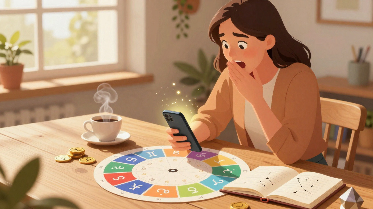Woman looking surprised at smartphone, sitting at table with zodiac wheel, constellation book, coins, and steaming cup.