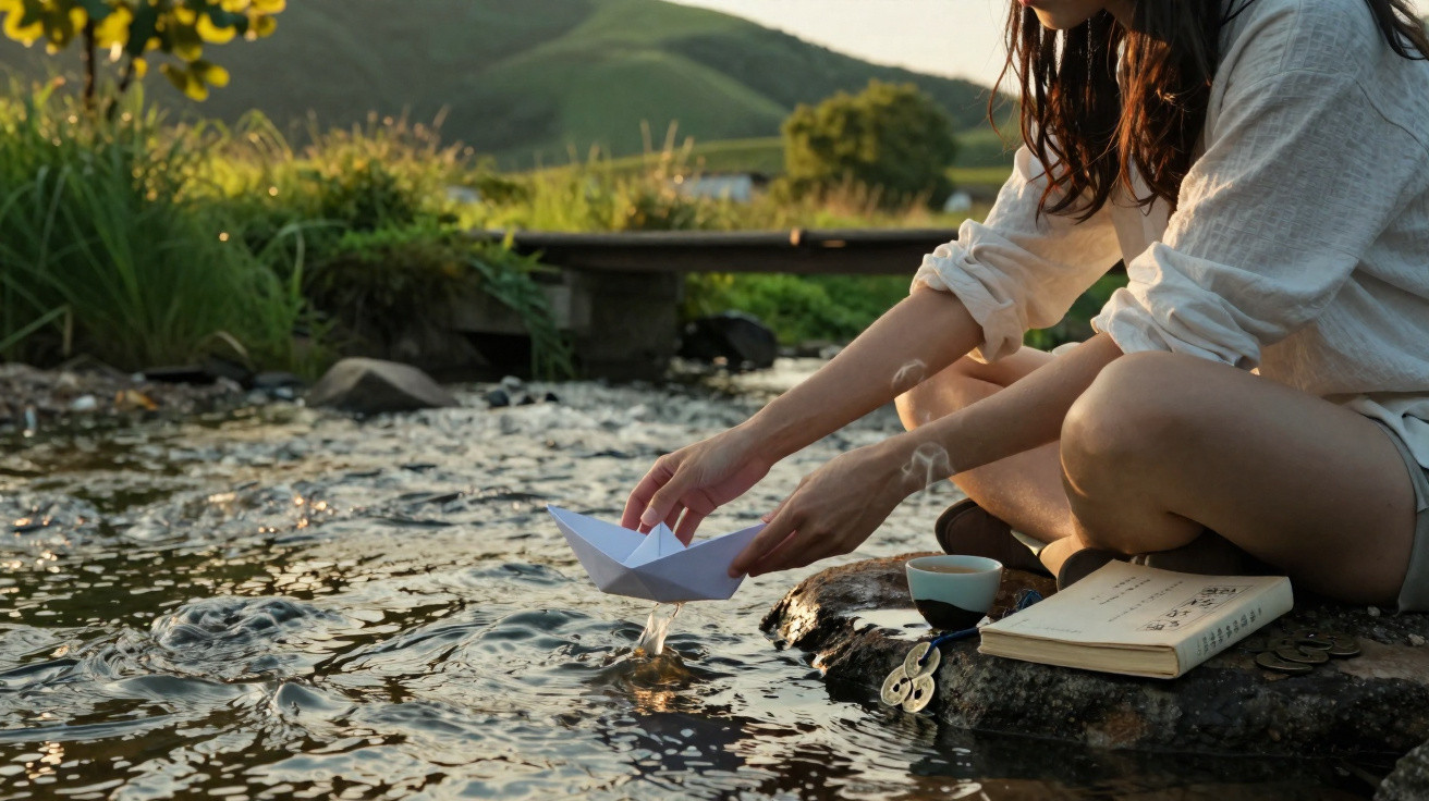 Person sitting by a stream gently placing a paper boat on the water at sunset with a notebook and cup nearby.