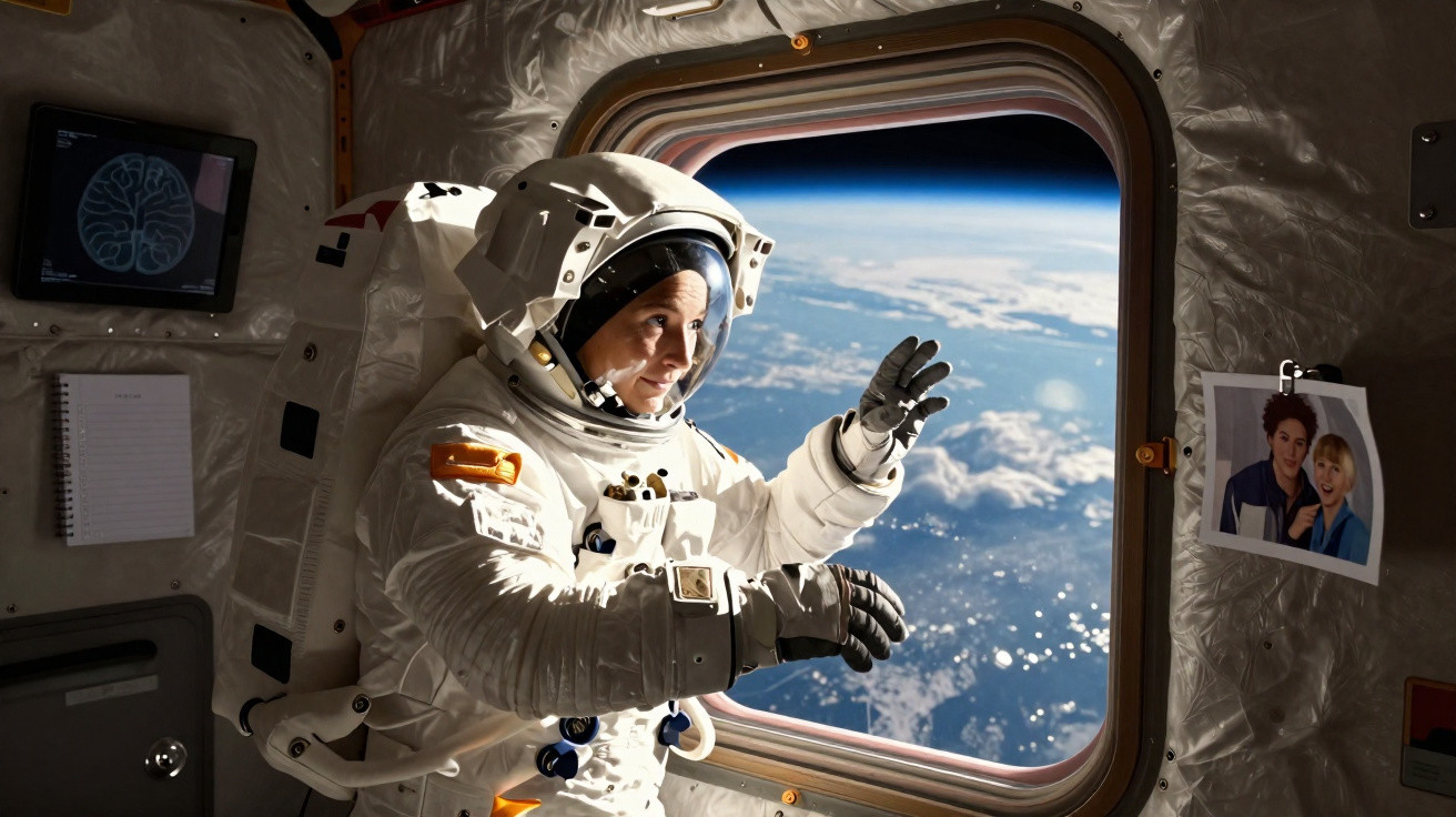 Astronaut in space suit inside spacecraft, floating near window with view of Earth below.