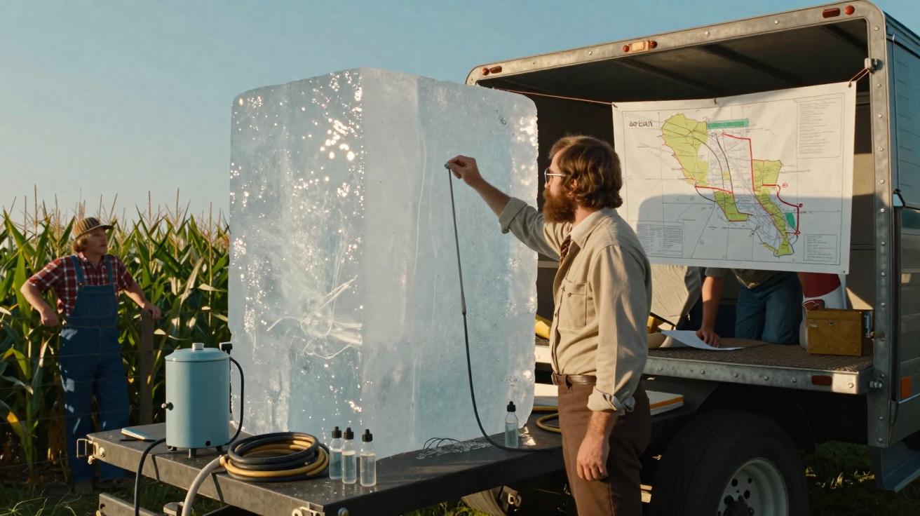Man measuring a large block of ice on a truck bed beside a cornfield with a map displayed on the truck tailgate.