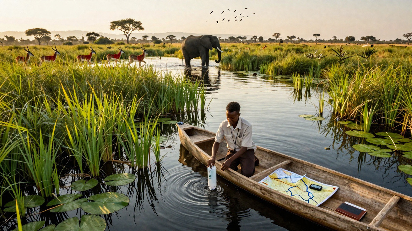 Man collecting water samples from a river in a boat surrounded by grass, elephants, and antelope in African savannah.