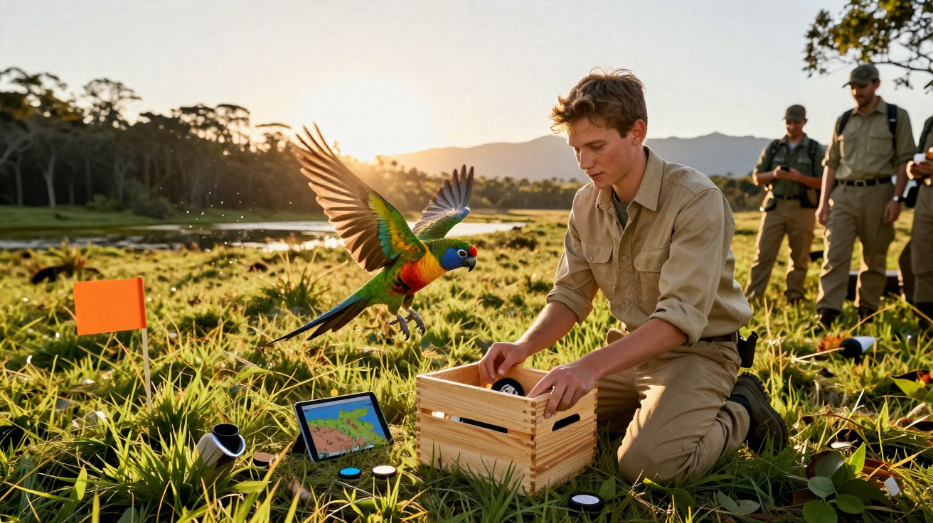 Young male researcher kneels on grass releasing a colourful parrot with tablet and equipment nearby at sunset