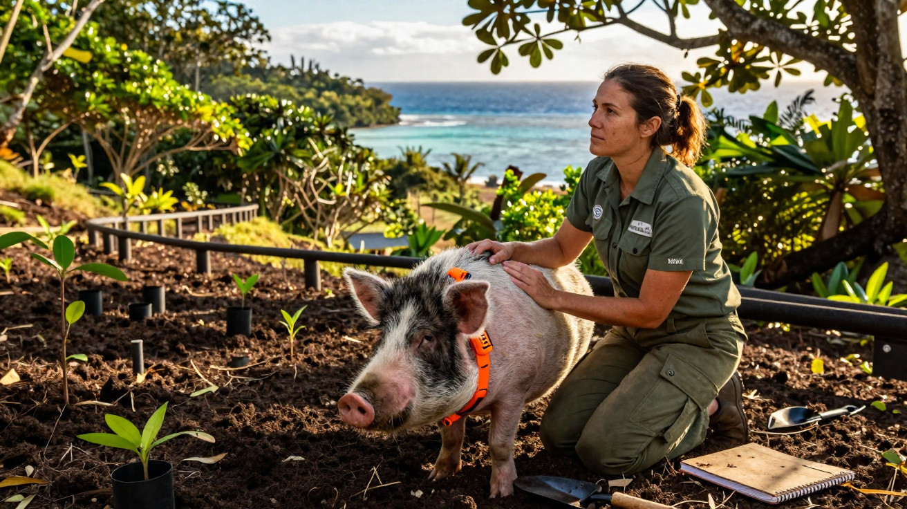 Woman in green uniform kneeling and petting a pig with an orange collar in a garden near the sea.
