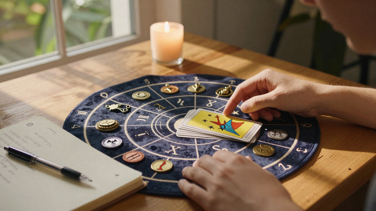 Person holding tarot cards over a zodiac sign mat with a candle and notebook on a wooden table.