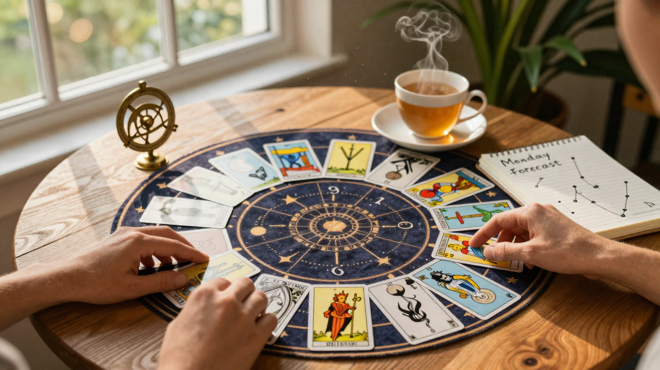 Two hands arranging tarot cards on zodiac-themed mat beside steaming cup of tea and notebook with Monday forecast chart.