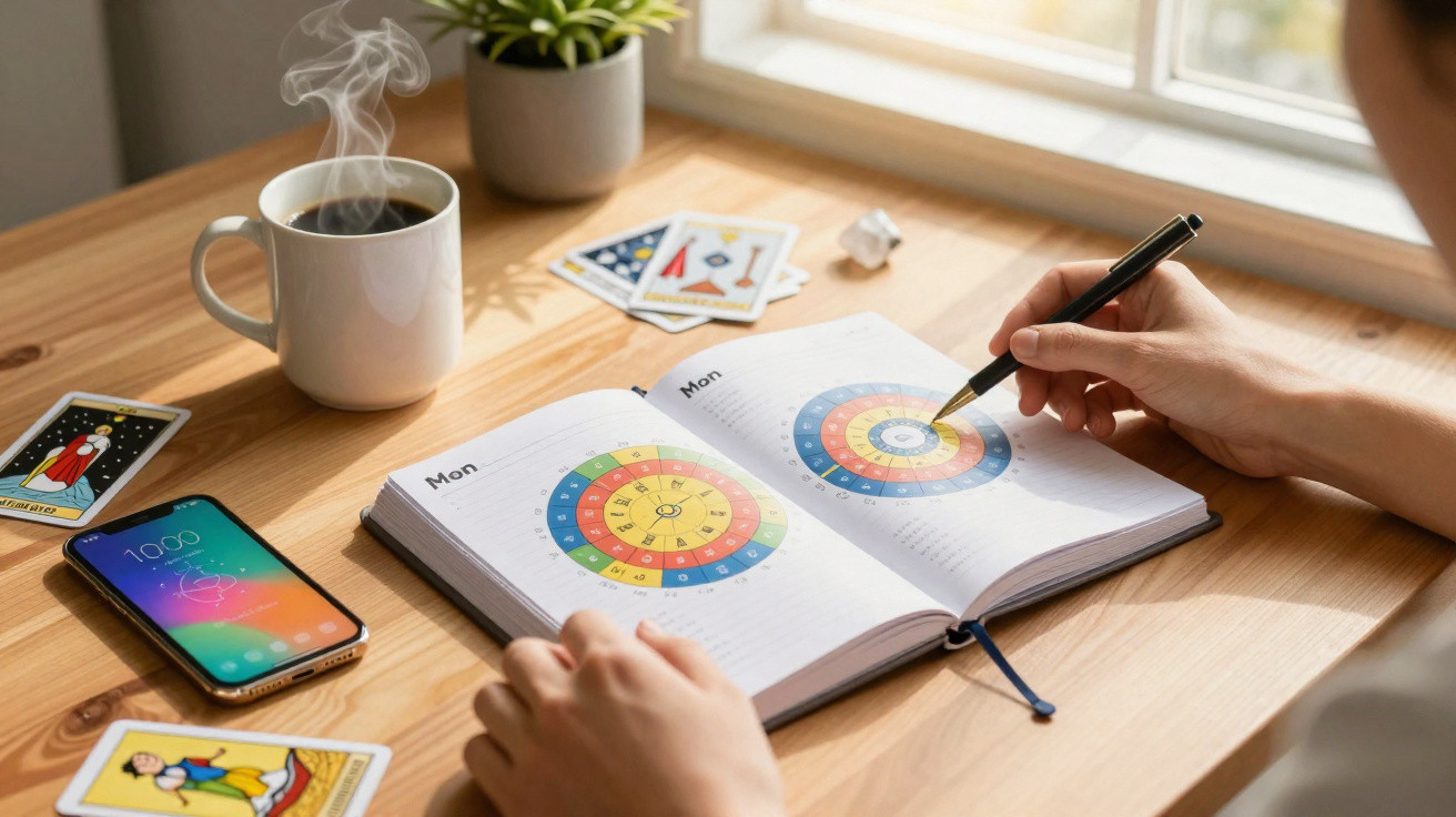 Person drawing in notebook with circular charts, tarot cards, smartphone, and cup of coffee on wooden table.