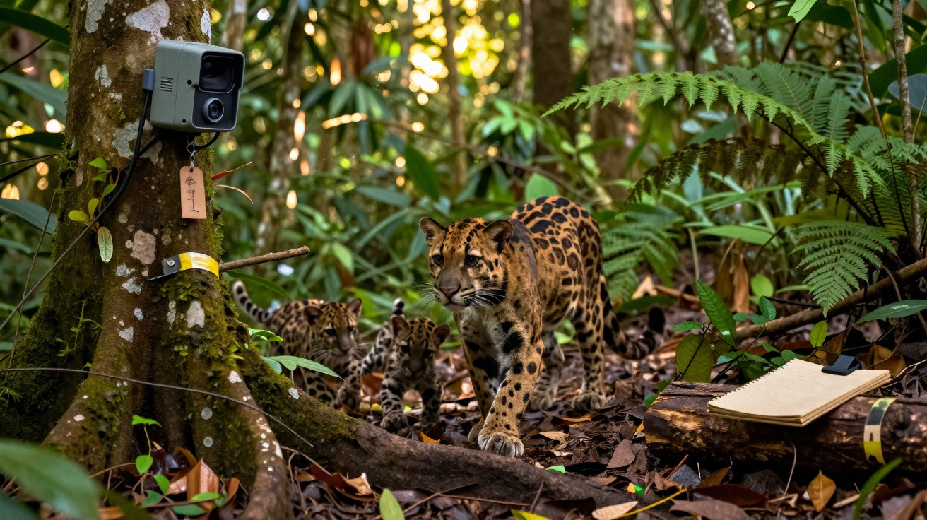 A clouded leopard mother with three cubs walks past a tree-mounted camera and a notebook in a dense forest.