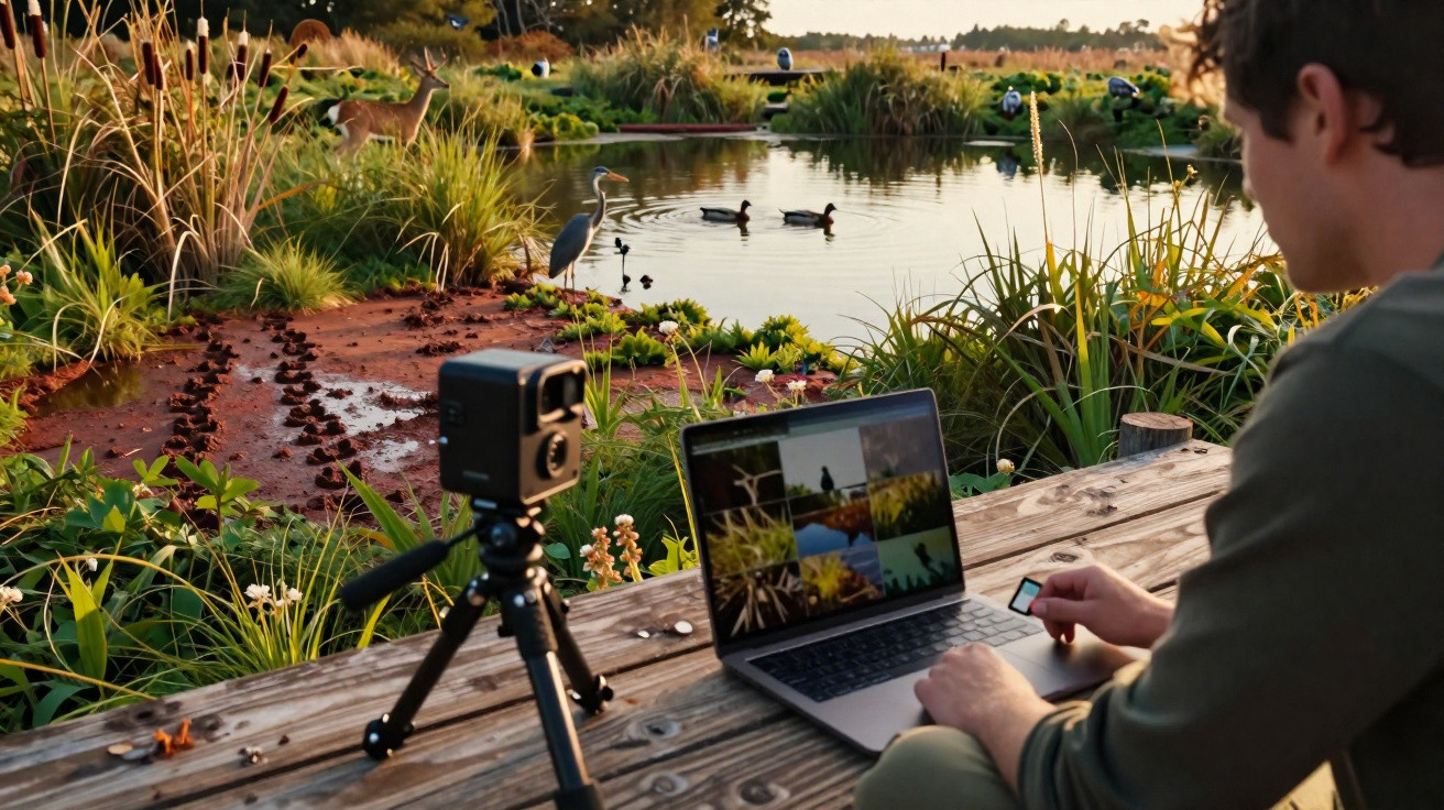 Person editing wildlife photos on a laptop beside a camera on tripod near a pond with birds and deer.