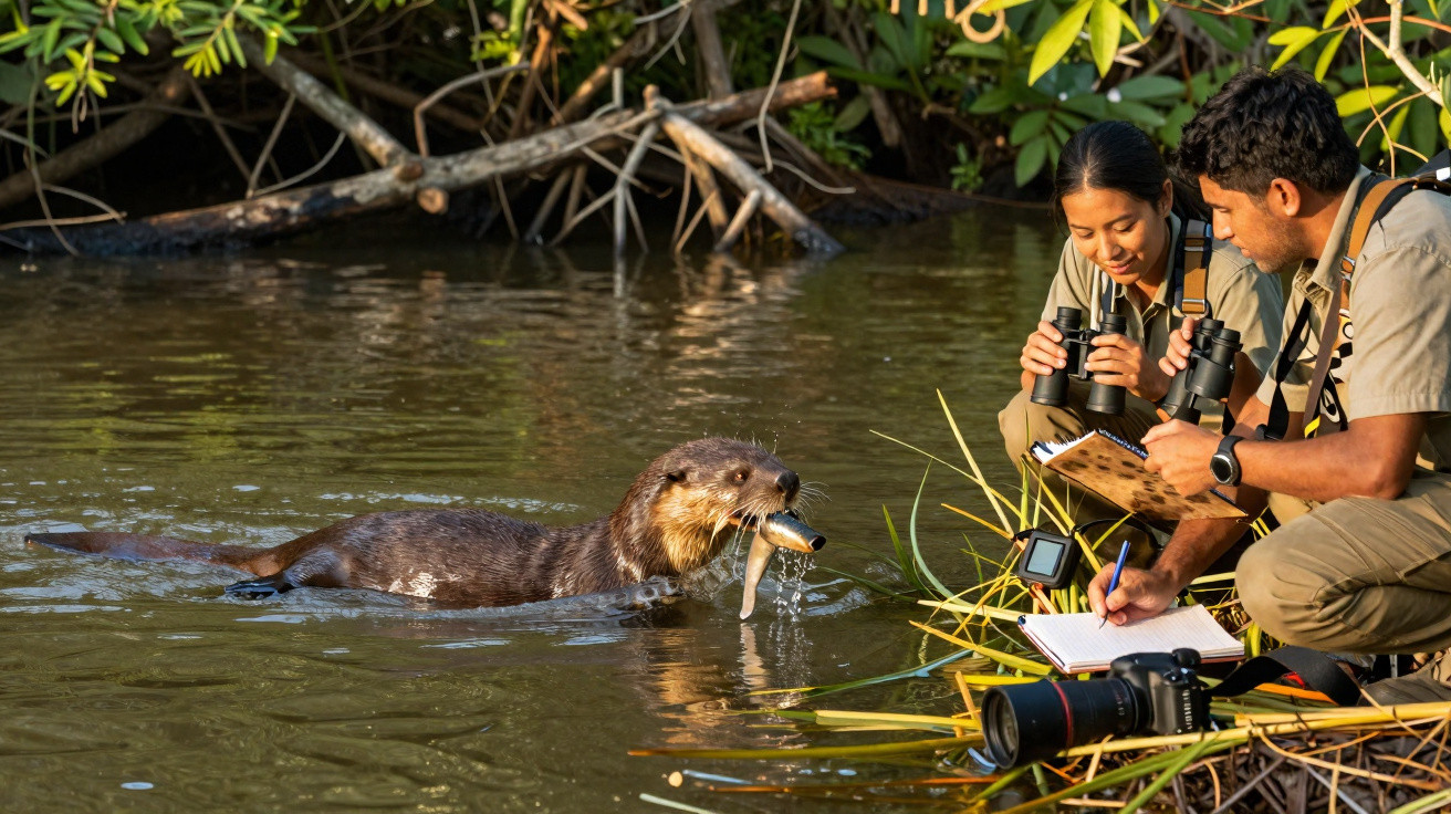 A river otter swims near two wildlife researchers observing and taking notes by the water's edge.