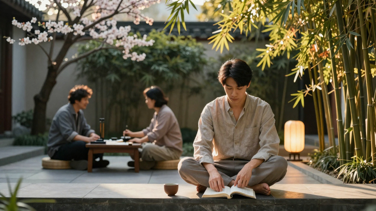 Young man reading a book cross-legged outdoors with two people chatting at a table in a serene garden setting.