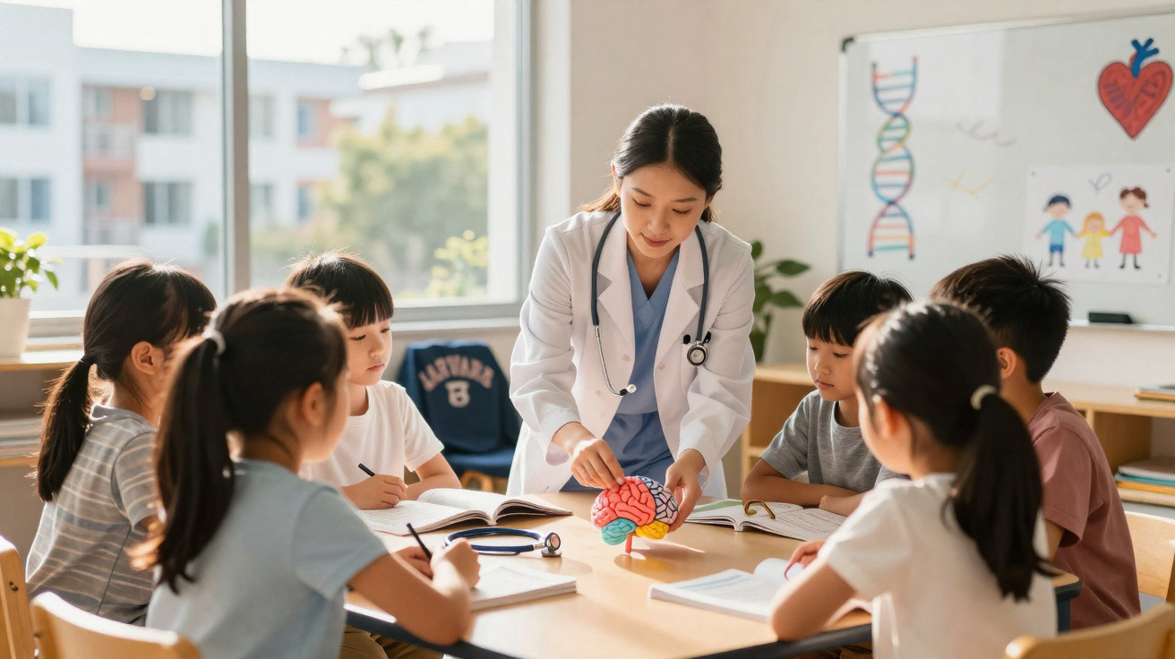 Female doctor showing brain model to children in classroom with educational drawings on whiteboard in background