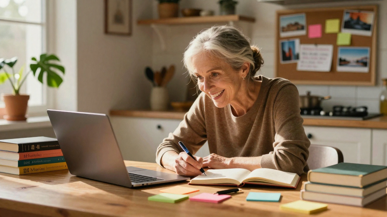 Smiling elderly woman writing in a notebook while looking at a laptop in a bright, cozy kitchen.