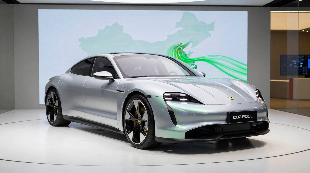 Silver Porsche electric sports car on display in a showroom with a digital map in the background.