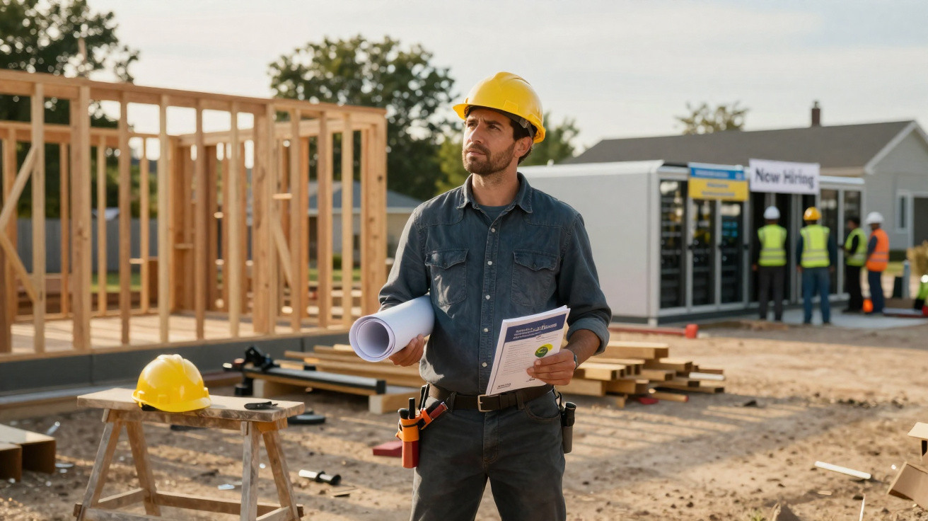 Construction site supervisor wearing a hard hat holding blueprints and documents at a wooden frame building site.