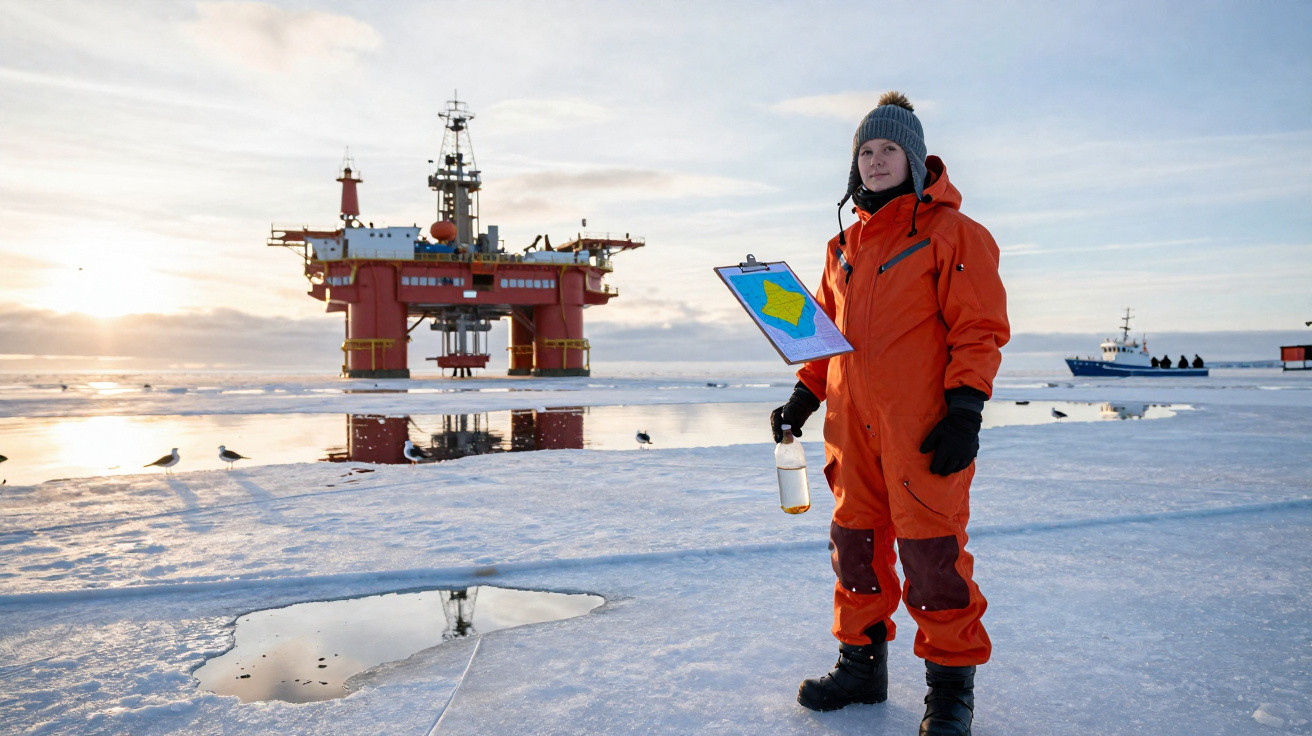 Person in orange cold-weather gear holding a clipboard and bottle on icy sea with oil rig and ship in background.