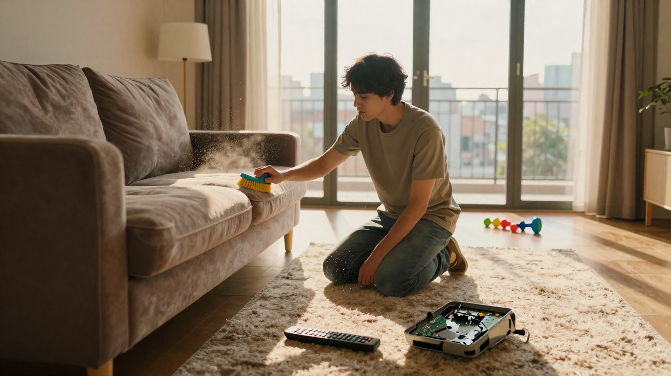 Person cleaning a dusty sofa with a brush in a sunlit living room with a dismantled electronic device nearby.