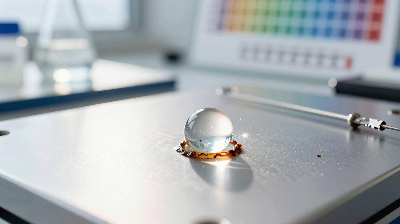 Clear water droplet on a metal surface with colour chart and scientific equipment blurred in the background.