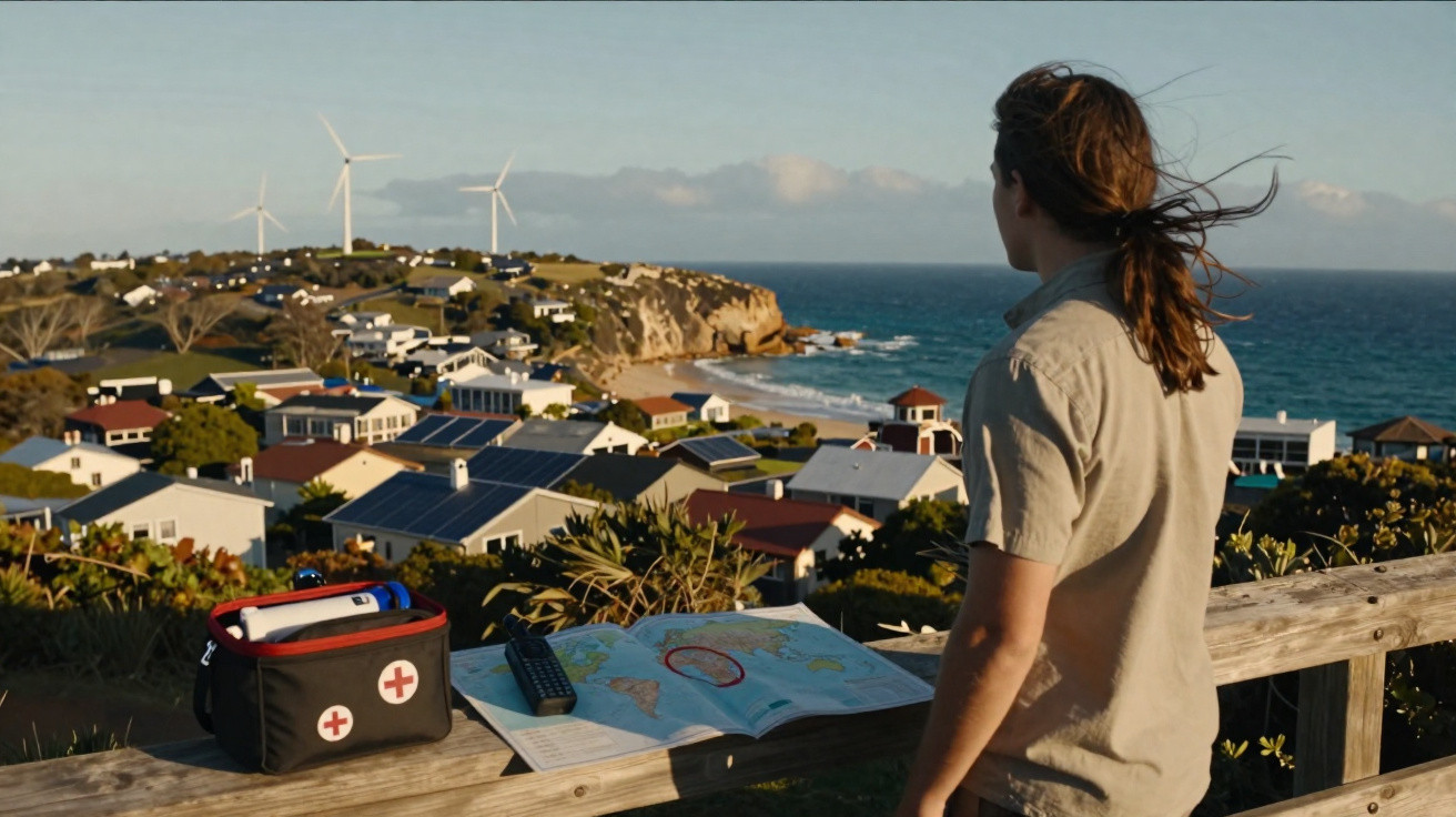 Person with long hair overlooking coastal village with wind turbines and ocean in the background at sunset.