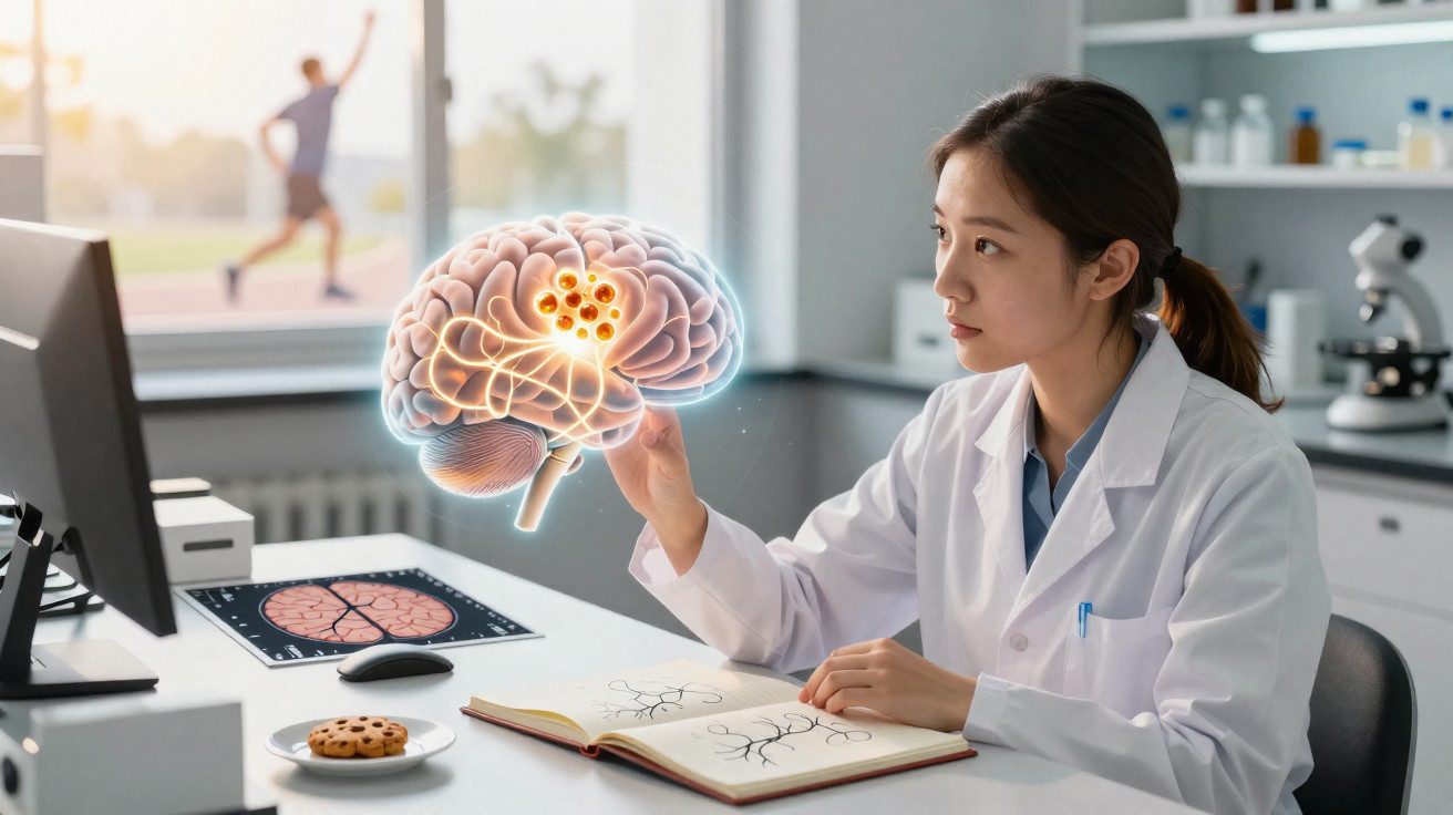 Scientist in lab coat examining a glowing 3D brain model with highlighted neural connections at a desk.