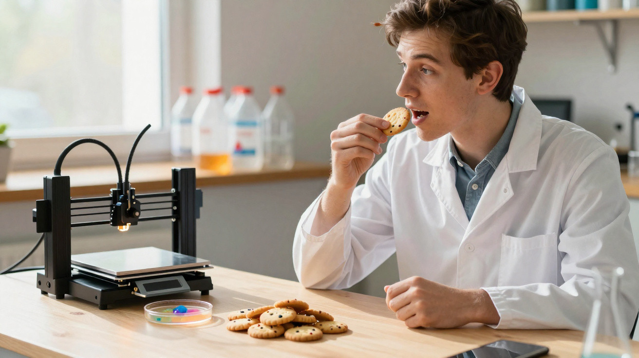 Scientist in a lab coat eating a cookie next to a 3D printer and a pile of cookies on a wooden table.