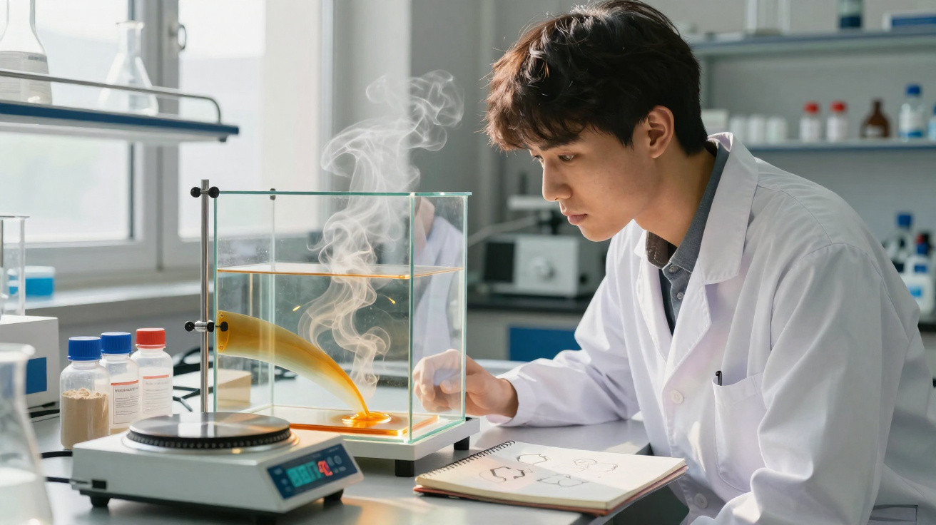 Scientist in a lab coat observing a steaming orange liquid in a glass container while taking notes.
