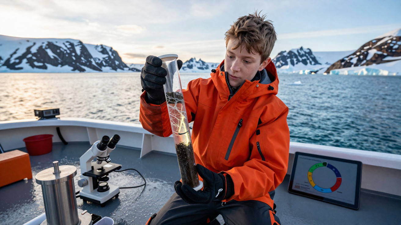 Young scientist in orange jacket examining soil sample in a clear tube on a boat with snowy mountains in the background