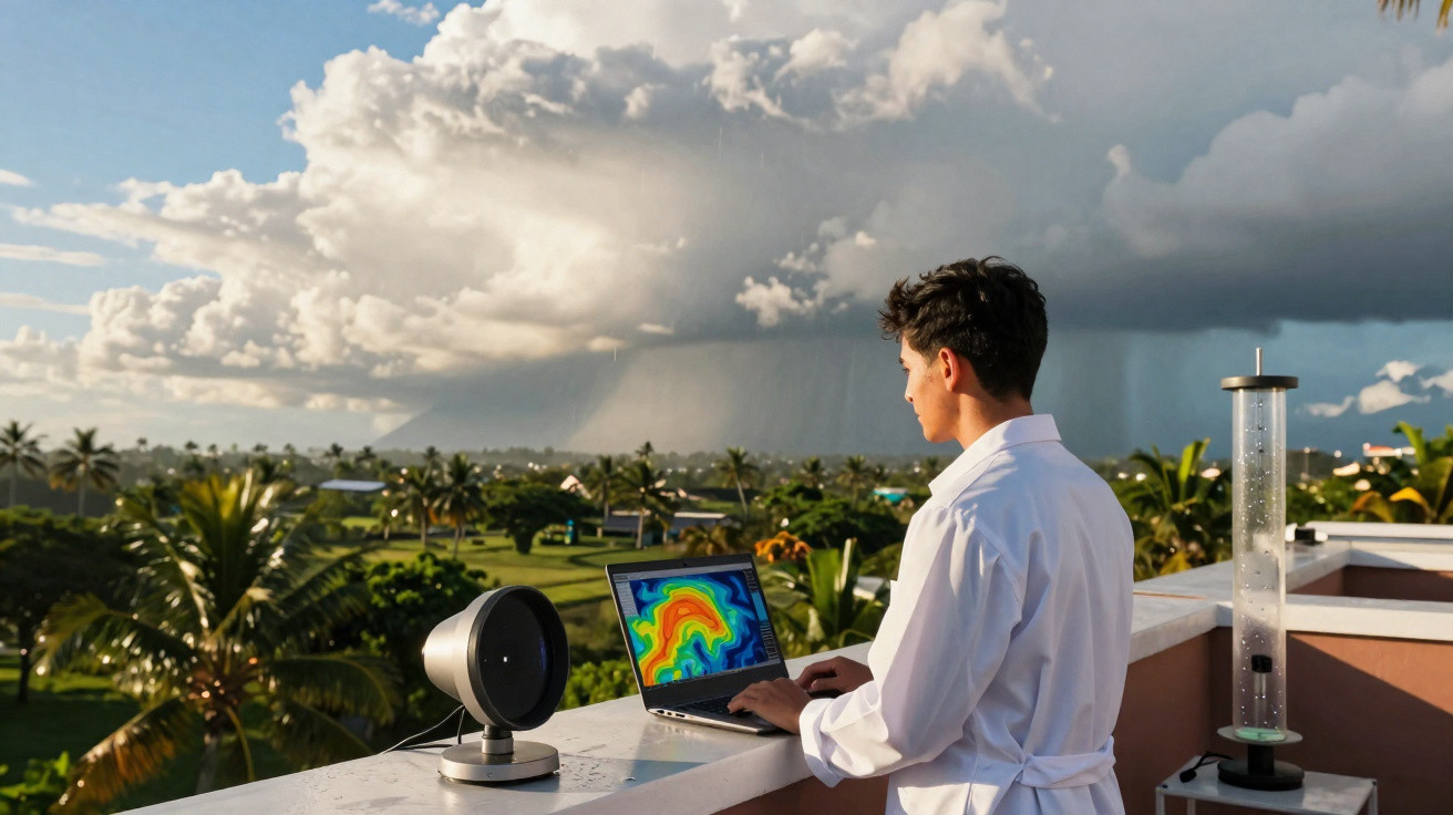 Scientist in white coat analysing weather data on a laptop with a storm approaching over green landscape.