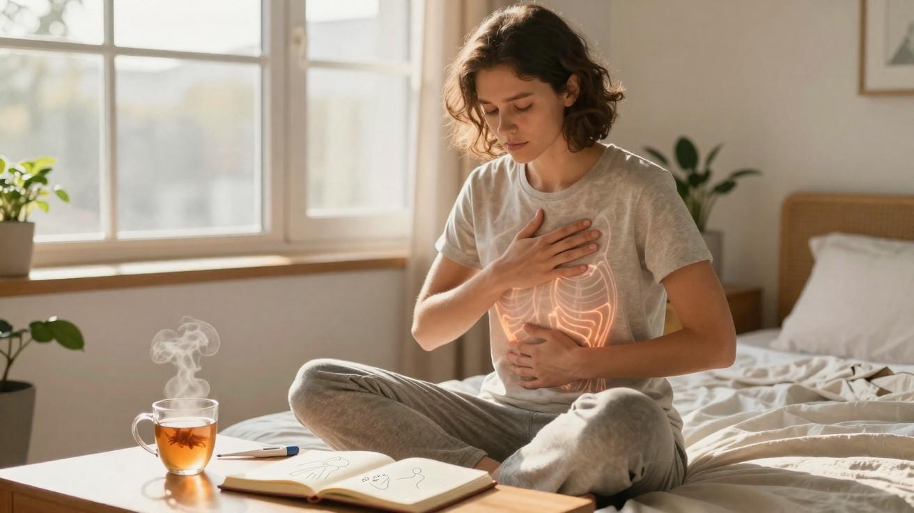Young woman sitting on bed holding chest and stomach, showing digestive discomfort with a glowing stomach graphic.