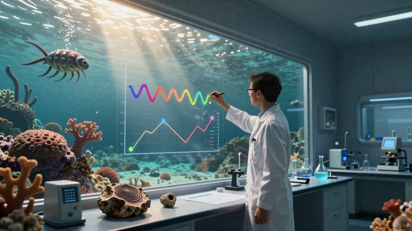 Scientist in lab coat analyzing digital graphs displayed on an aquarium window with coral and robotic fish inside.