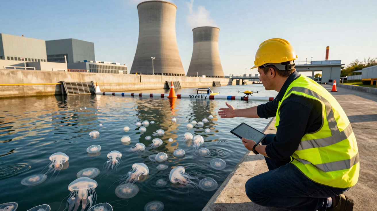Engineer in safety gear examining jellyfish floating in water near a power plant with cooling towers in the background.