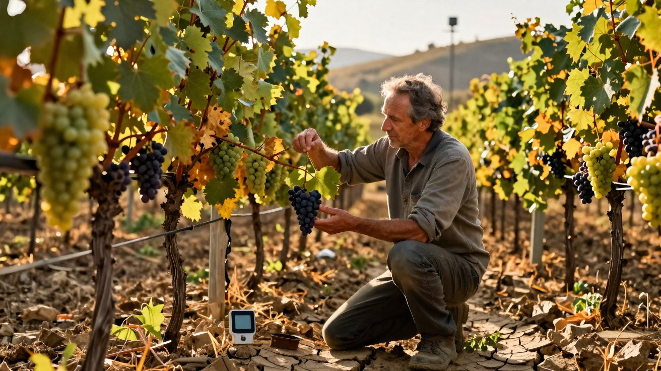 Man inspecting ripe grapes in a vineyard during golden hour with hills in the background.