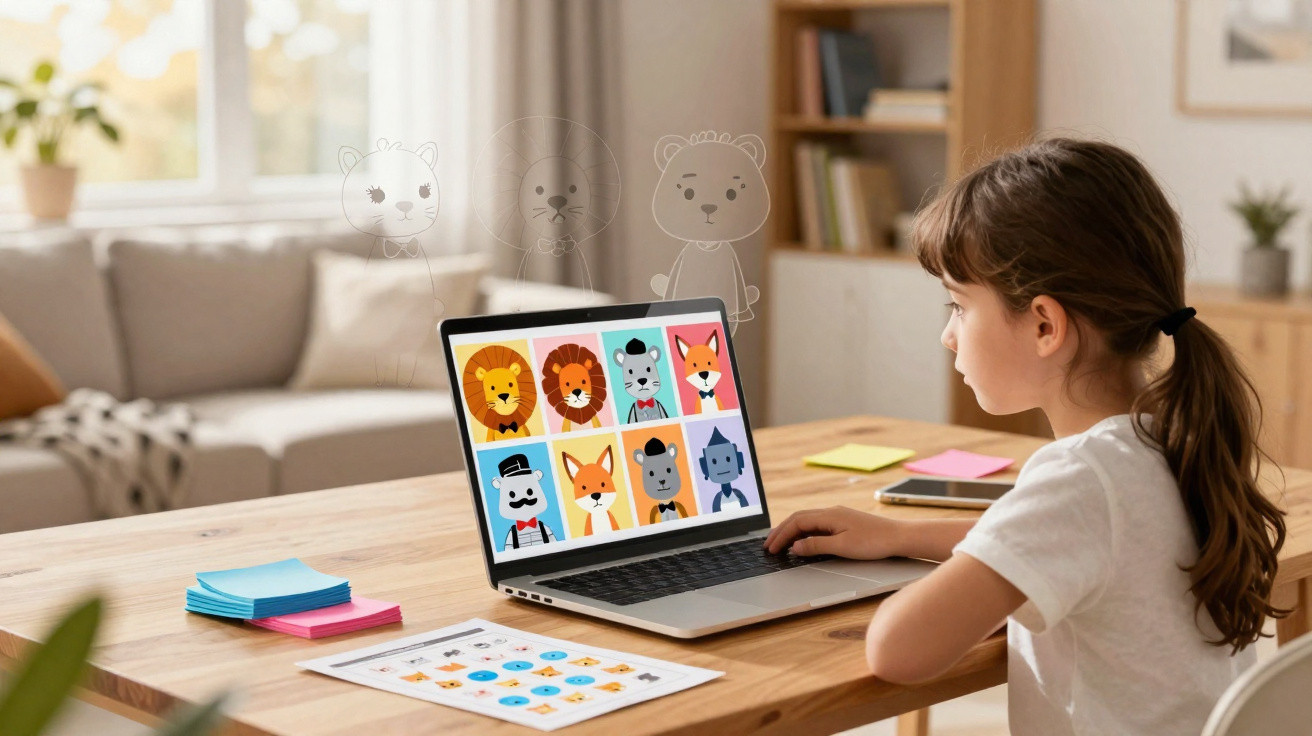 Young girl using laptop showing colourful animal avatars at a wooden table in a bright living room.