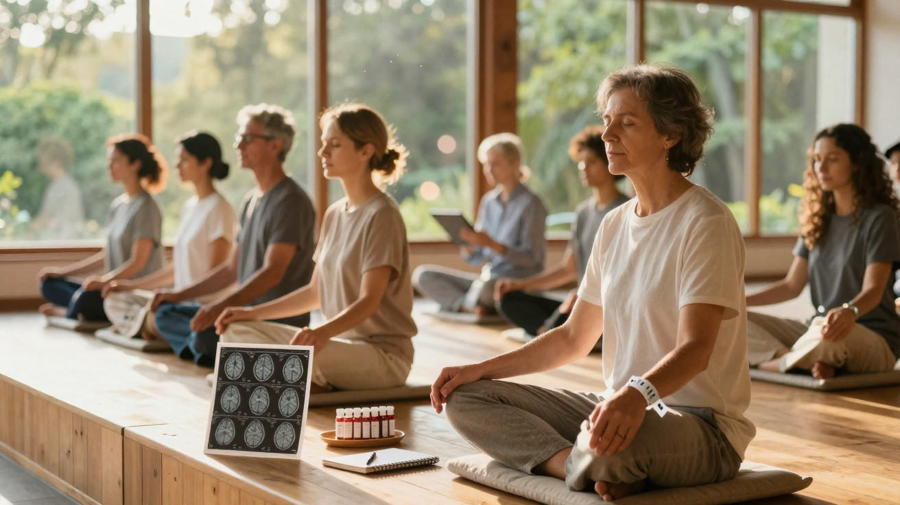 Group of people meditating indoors near brain scans and medical test tubes on a wooden platform.