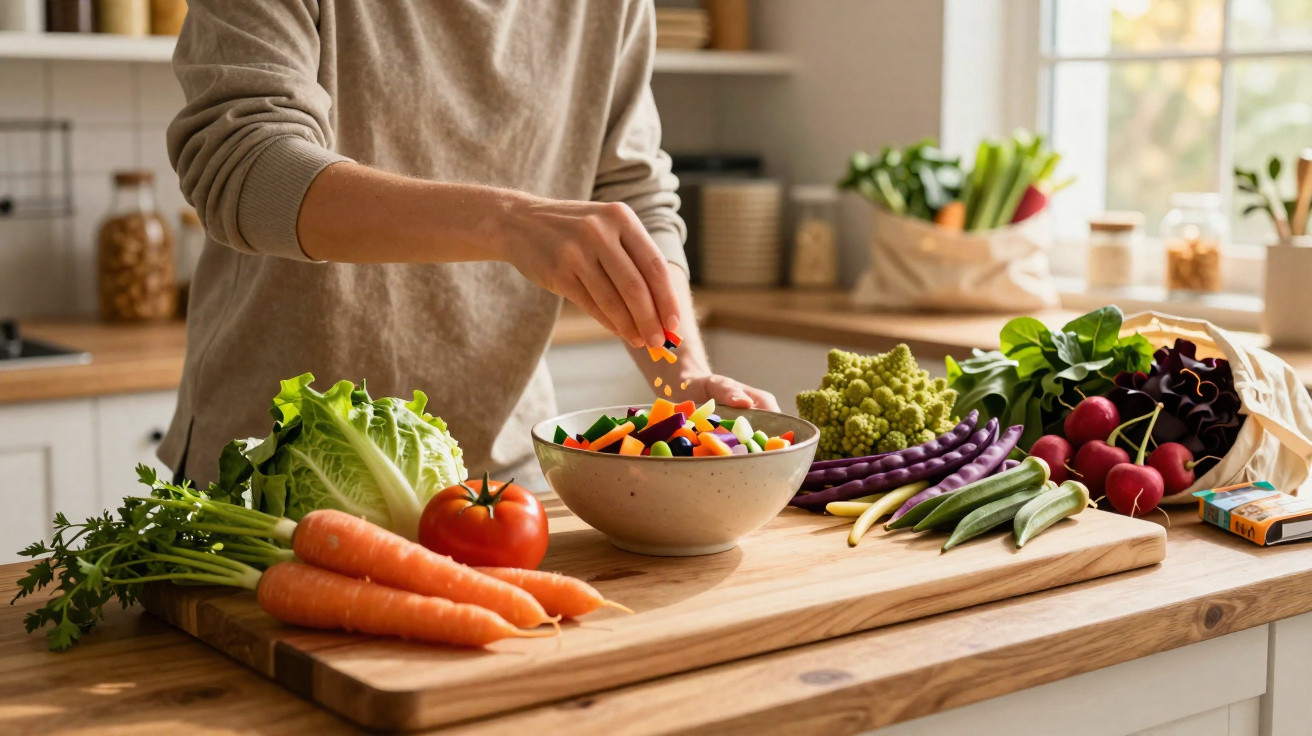 Person preparing a fresh vegetable salad on a wooden board in a bright kitchen.