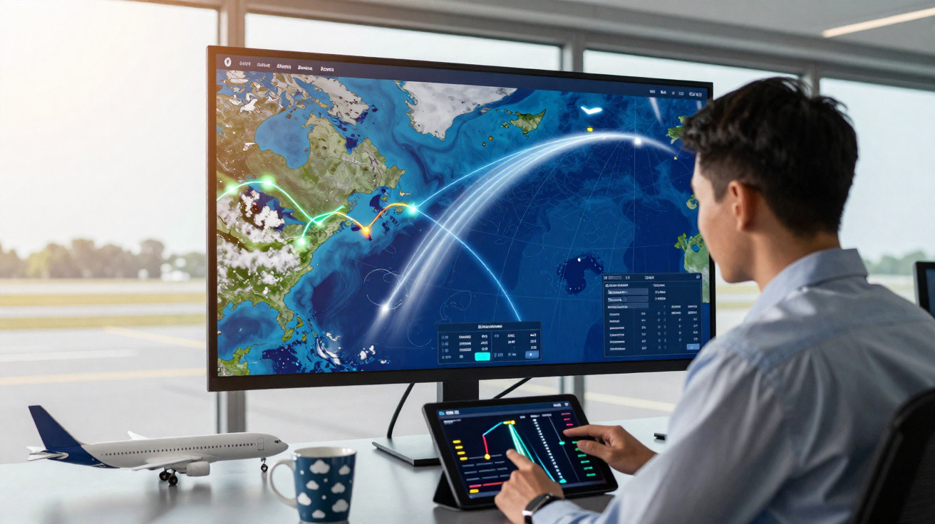 Man analysing global flight routes on large screen and tablet in modern office near airport window.
