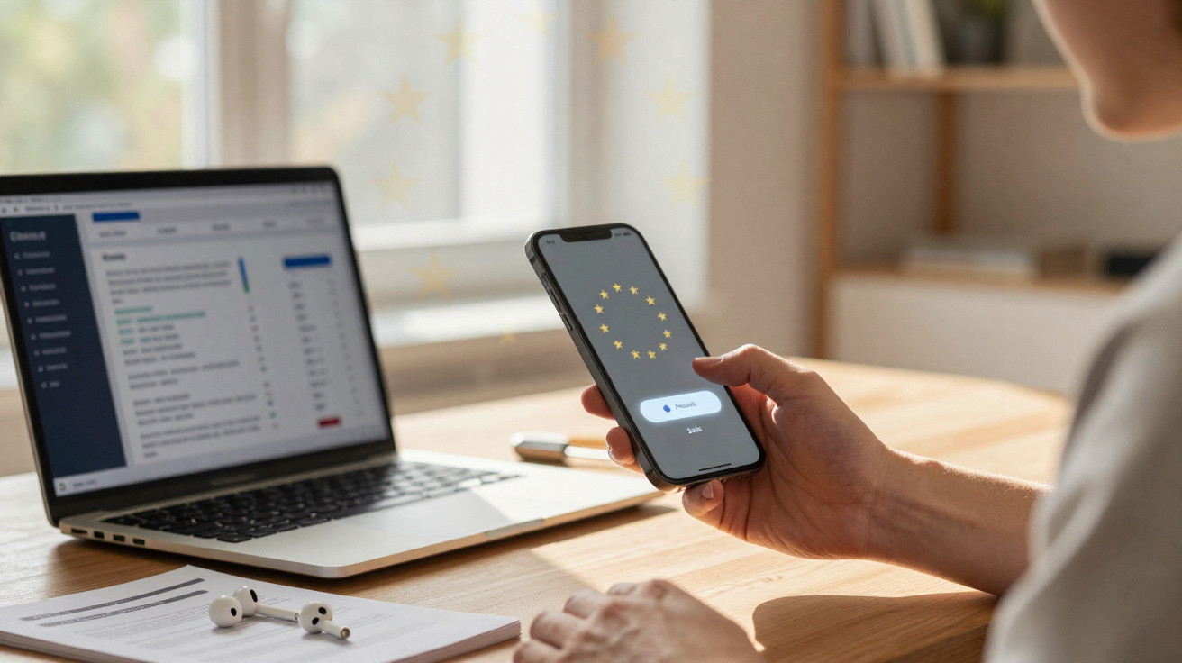 Person holding smartphone with EU flag on screen, laptop and documents on wooden desk in bright room