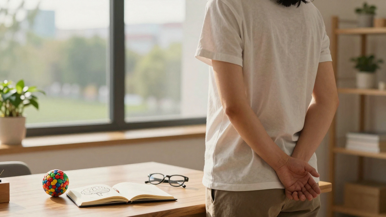Person standing with hands behind back by a table with an open book, glasses, and a colourful ball near a window.