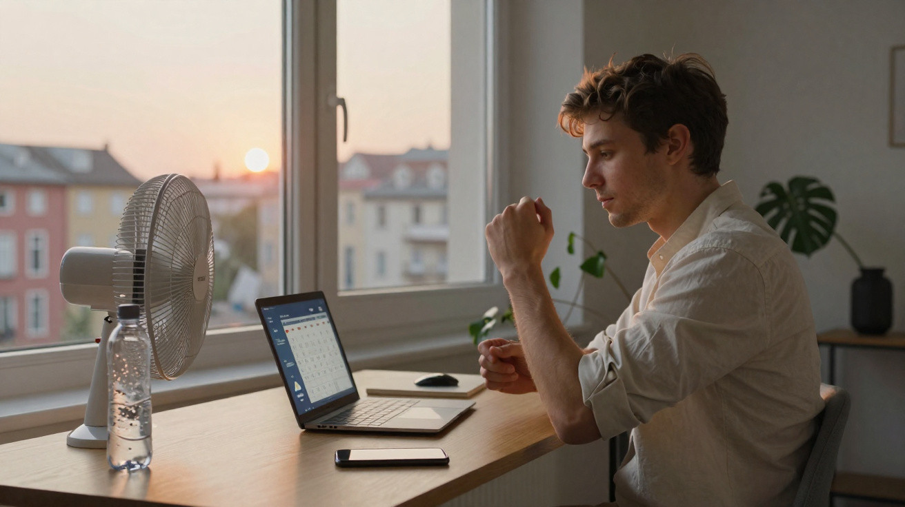 Young man sitting at a desk checking his wristwatch with a laptop, fan, and water bottle nearby by a window at sunset.
