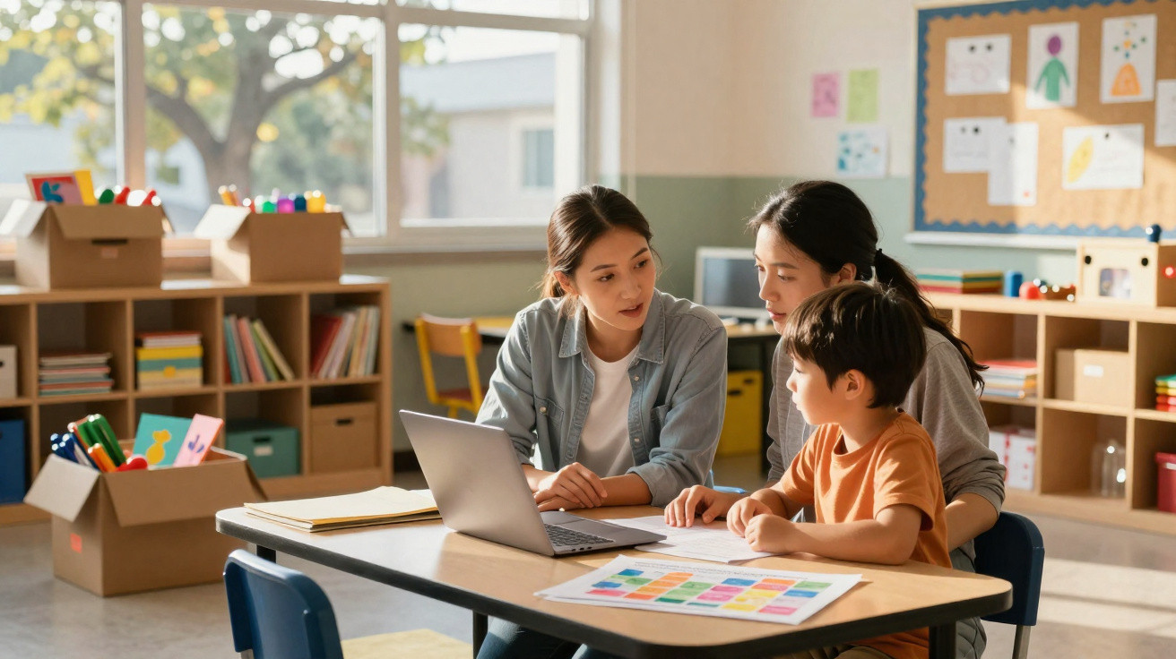 Two women and a boy sitting at a table with a laptop and colourful papers in a bright classroom.